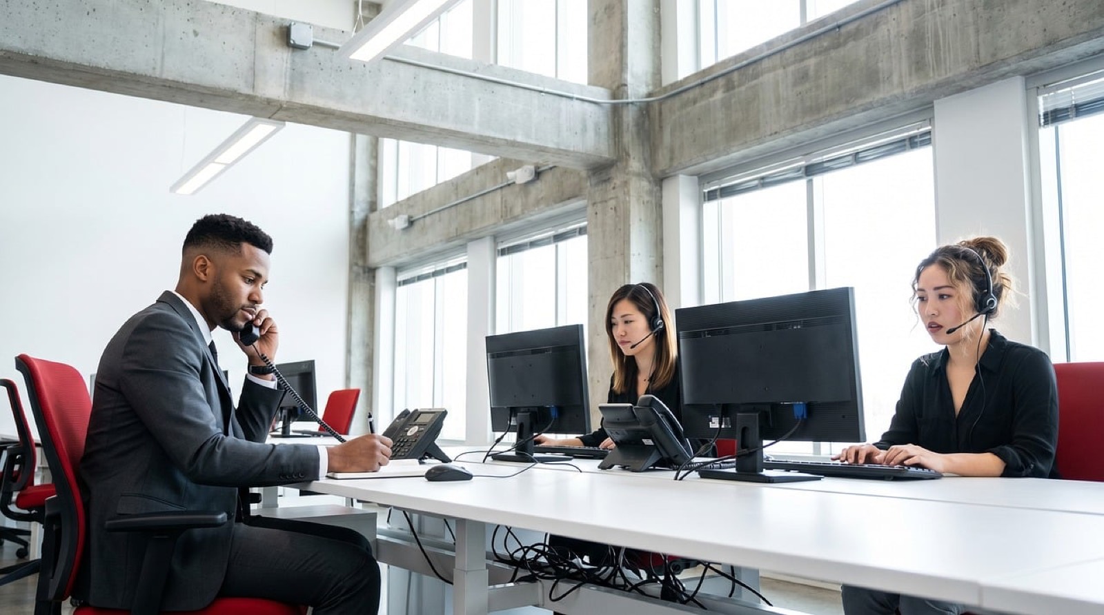 Poste de support client avec casque posé sur un bureau, à côté d'un ordinateur